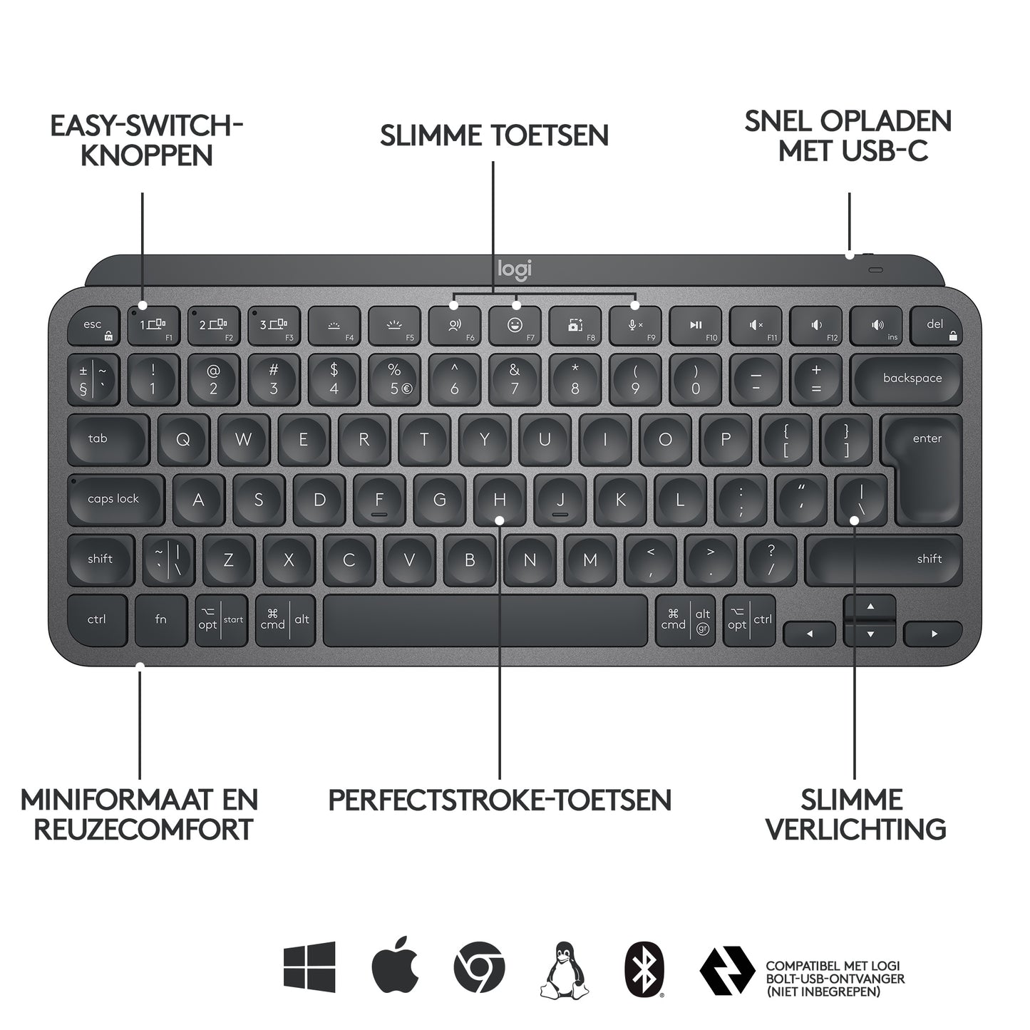 Logitech MX keys Mini Wireless Illuminated, Graphite, FR azerty