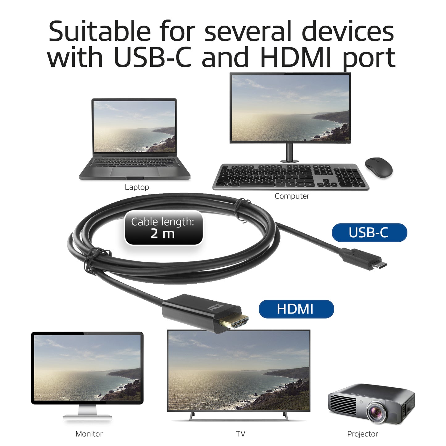 ACT USB-C naar HDMI male aansluitkabel 4K