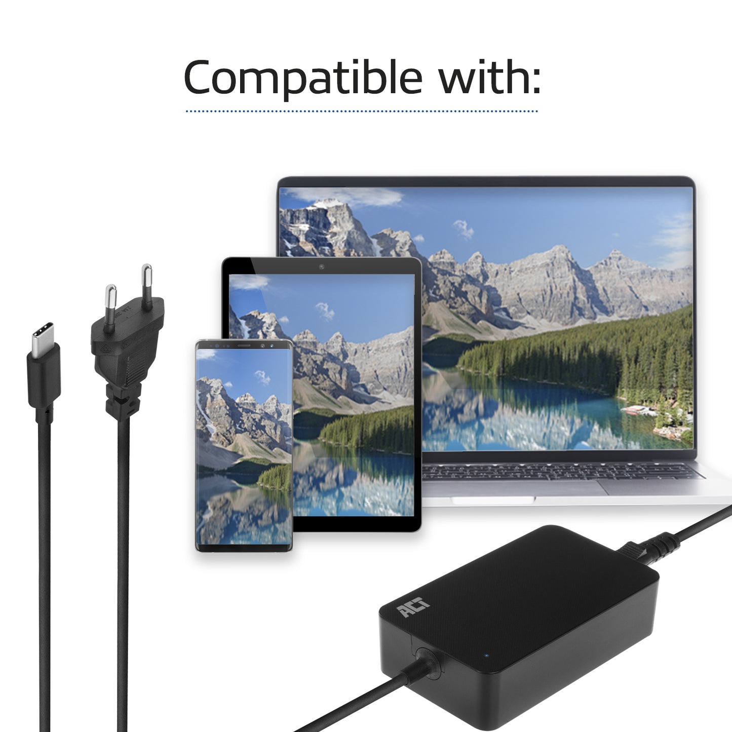 ACT USB-C laptop charger with Power Delivery profiles 65W