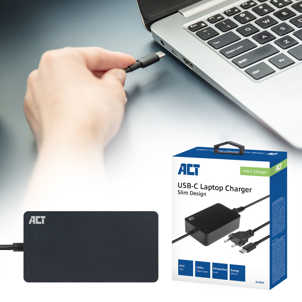 ACT USB-C laptop charger with Power Delivery profiles 65W