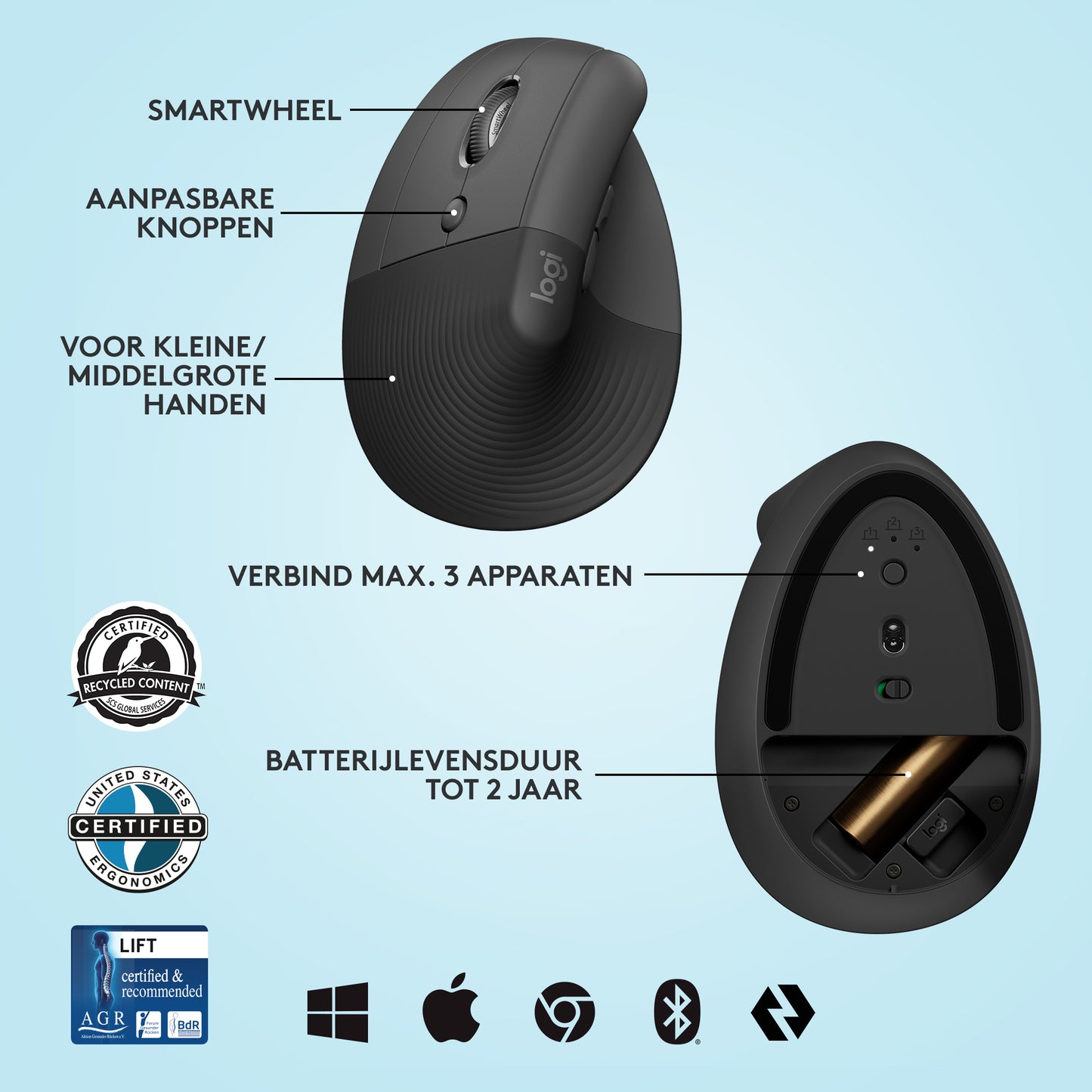 LOGITECH LIFT Left Vertical Ergonomic Mouse - GRAPHITE / BLACK - EMEA
