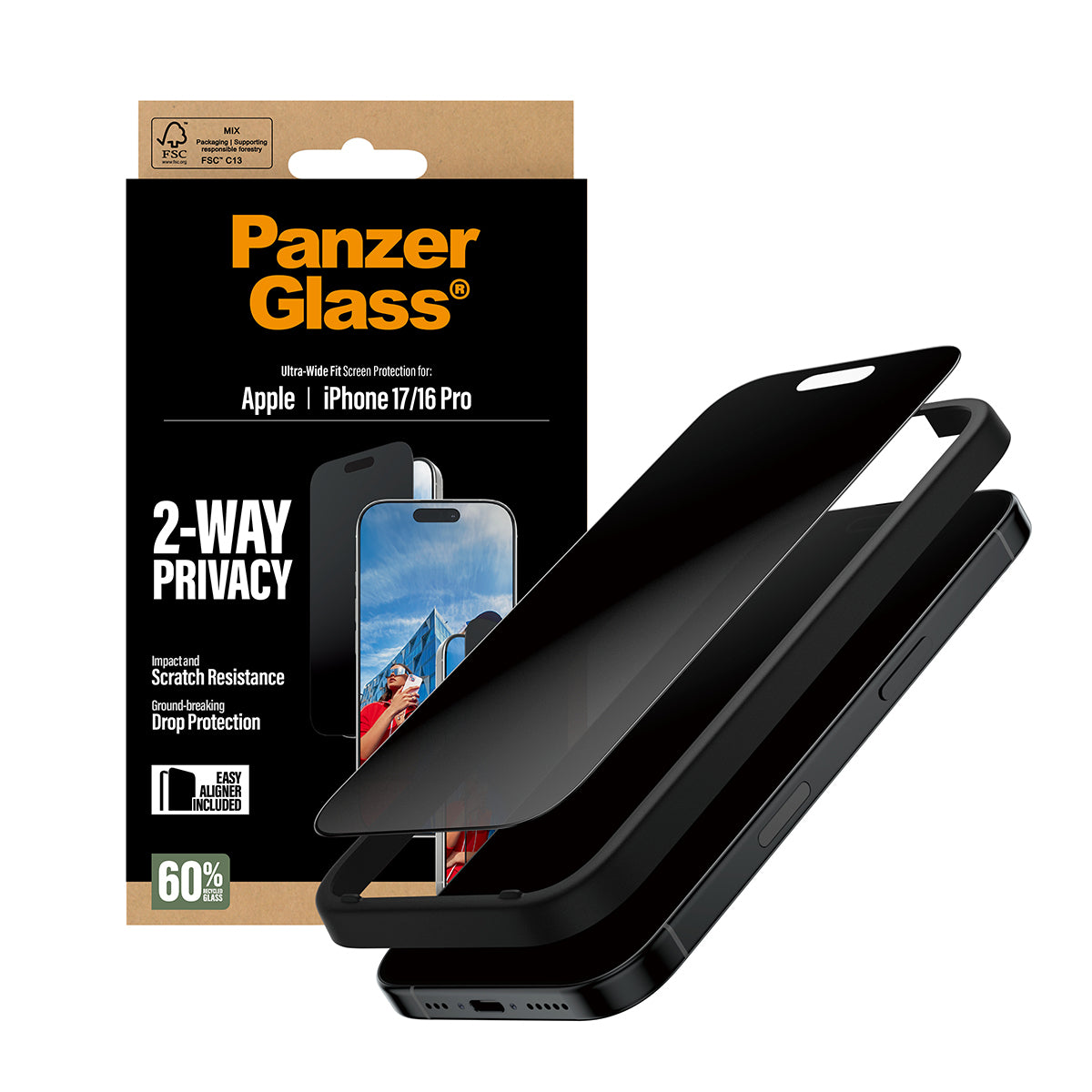 PanzerGlass Privacy Screen Protector Ultra-Wide Fit - Clear - voor iPhone 17/16 Pro