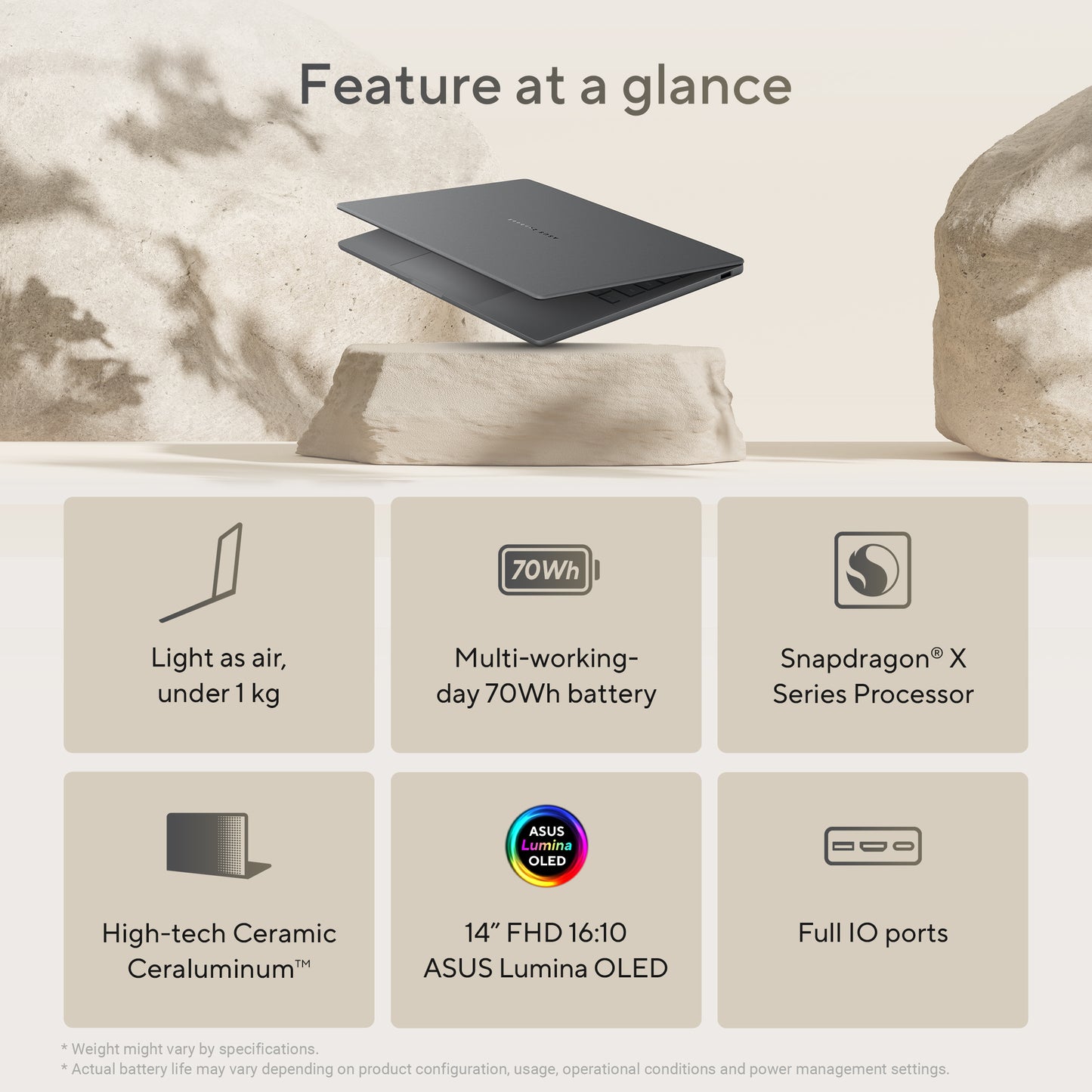 Asus Zenbook A14 AI, 14inch WUXGA OLED, Snapdragon X Elite, 32GB, 1TB PCIe NVMe SSD, Qualcomm Adreno Graphics, Grijs, W11 Home