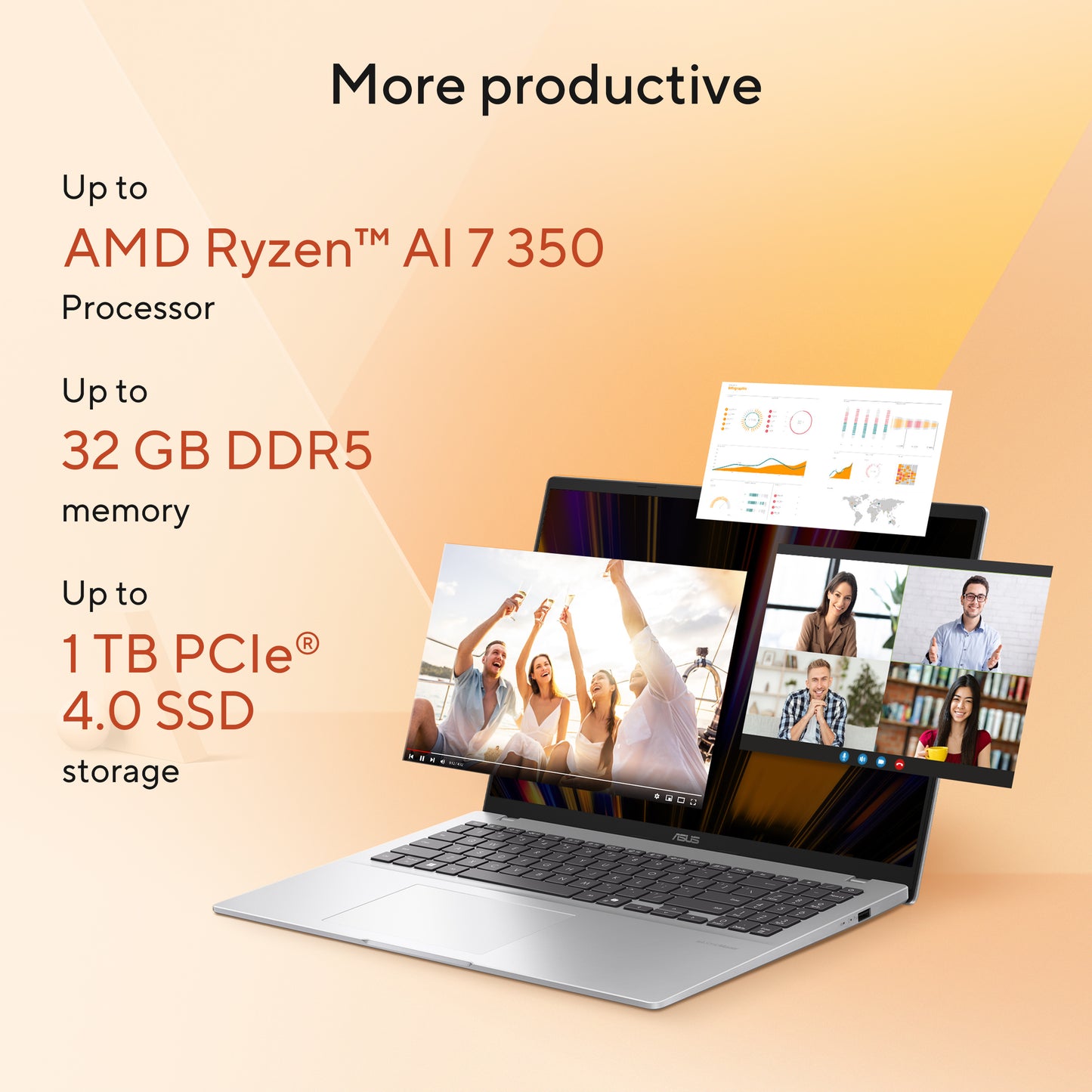 ASUS Vivobook 16 M1607KA-MB164W, 16 LED 60Hz, AMD Ryzen AI 5 330, 16GB, 512GB NVMe PCIe SSD, AMD Radeon Graphics, W11H, Blauw