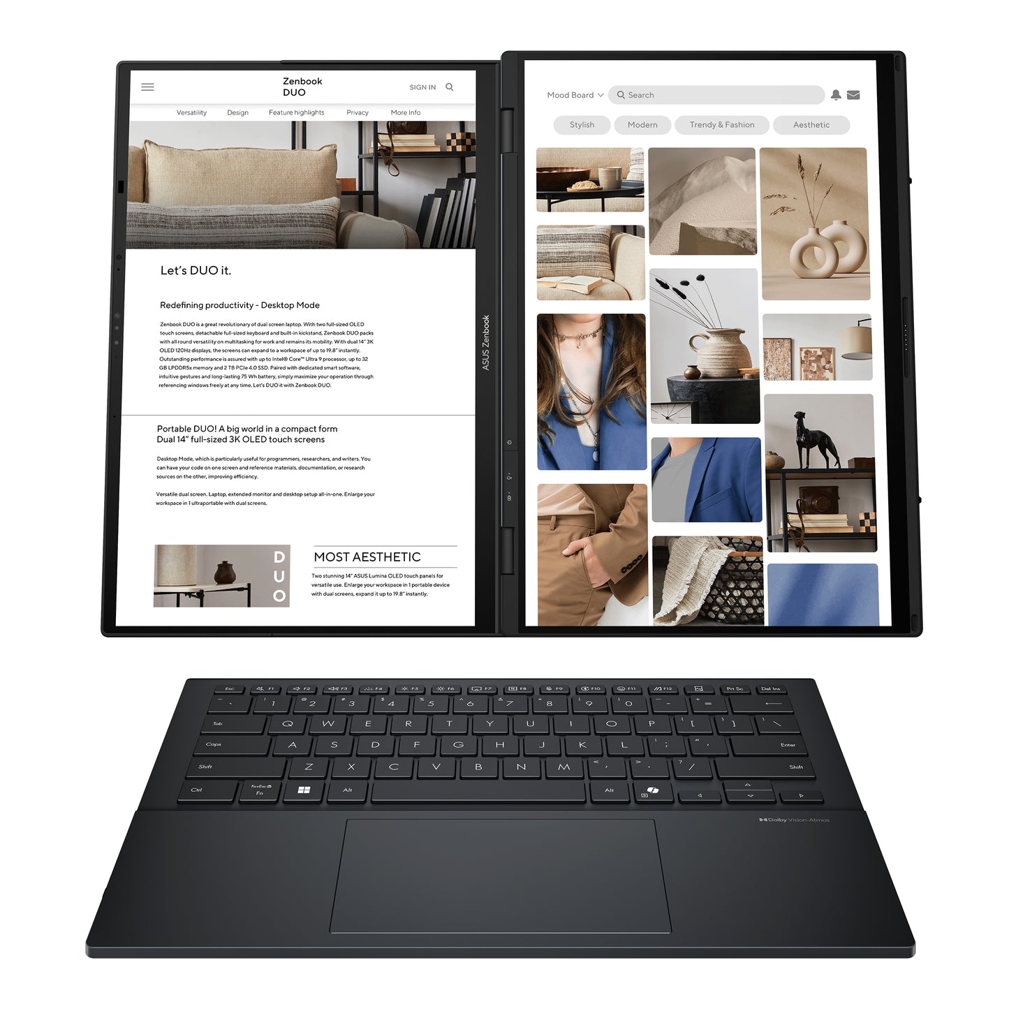 ASUS Zenbook Duo UX8406CA-PZ032W-BE, 14.0 120Hz 3K OLED Touch, Intel Core Ultra 9 285H, 32GB LPDDR5X, 1TB M.2 NVMe PCIe 4.0 SSD,  Intel Arc