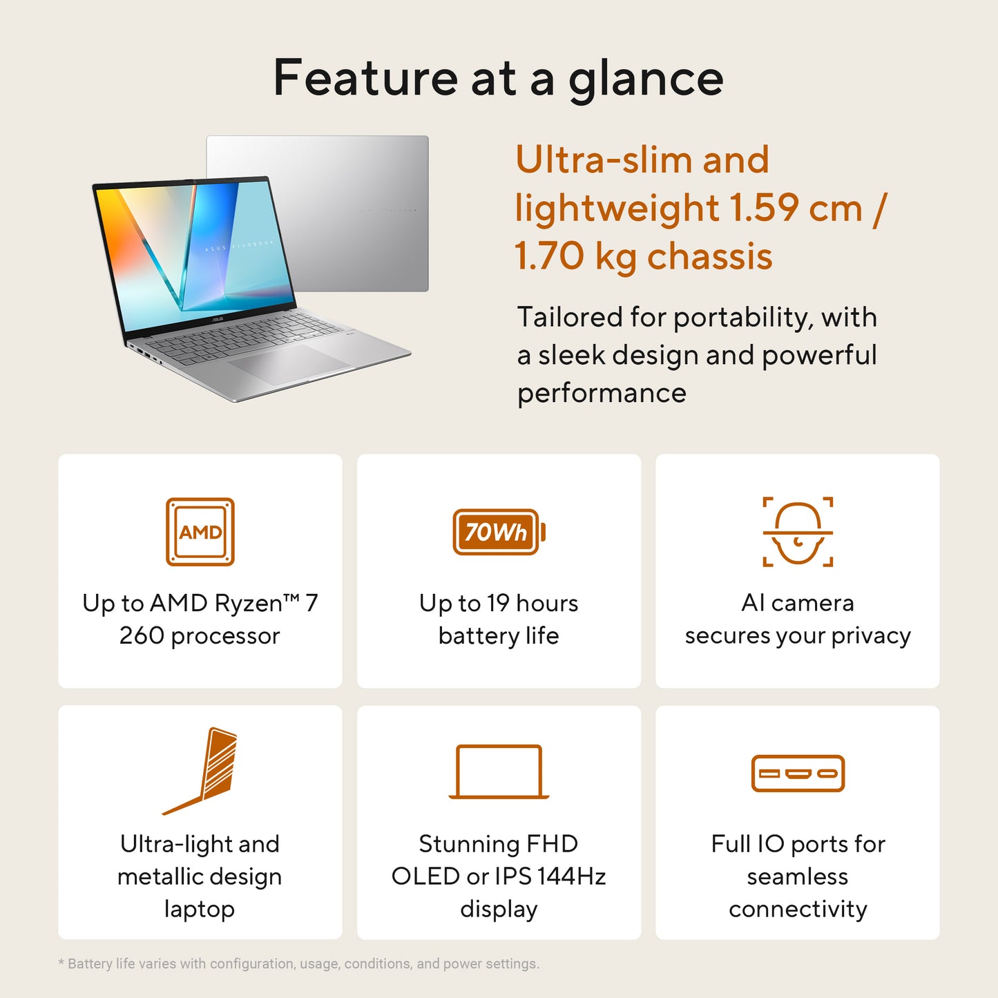 ASUS Vivobook S16 M3607HA-RP208W-BE, 16 WUXGA, AMD Ryzen 9 270, 32GB, 1TB PCIe NVMe SSD, AMD Radeon Graphics, W11H, Zilver