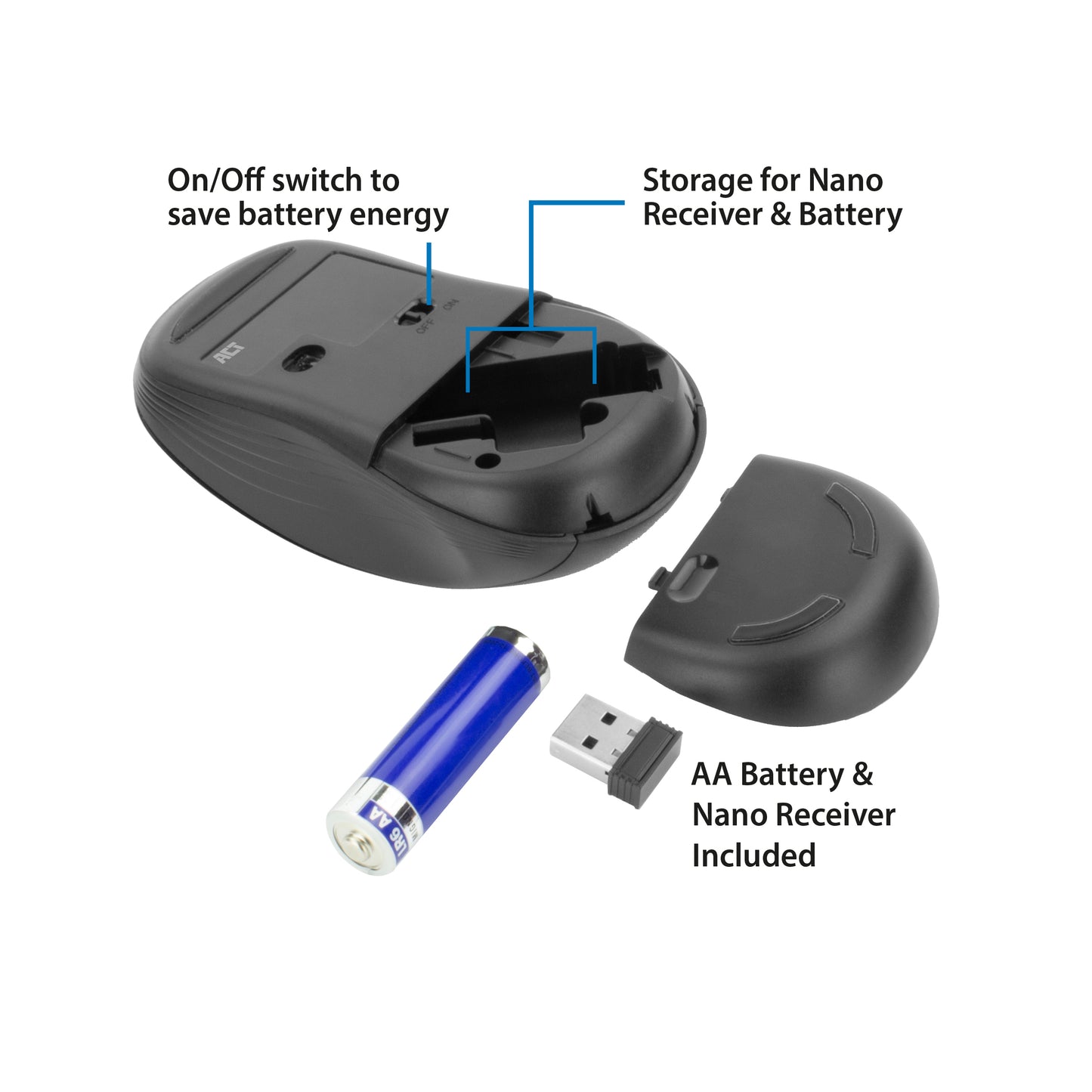 ACT Draadloze muis, USB nano ontvanger, 1000 dpi, zwart