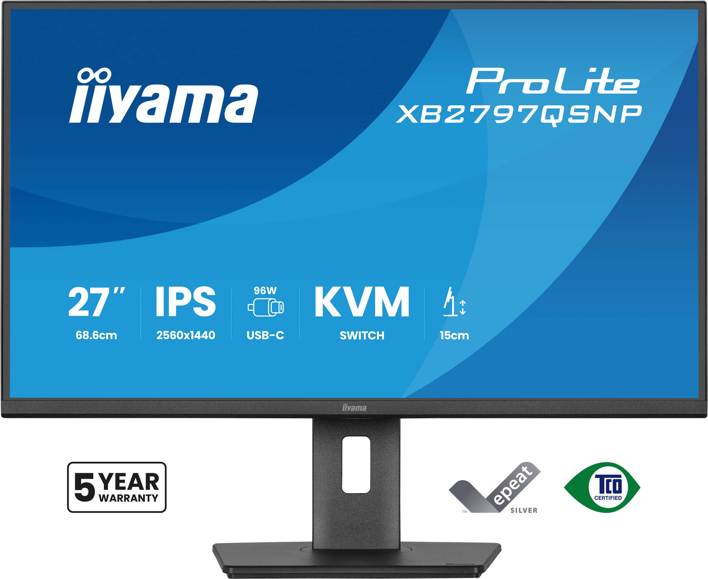 Iiyama Prolite XB2797QSNP-B1 27WIDE LCD, 2560 x 1440 QHD, IPS panel, LED Bl., Adaptive Sync, USB-Hub (2xOut v3.2 +2xUSB-C(7,5 Watt)), Pivot