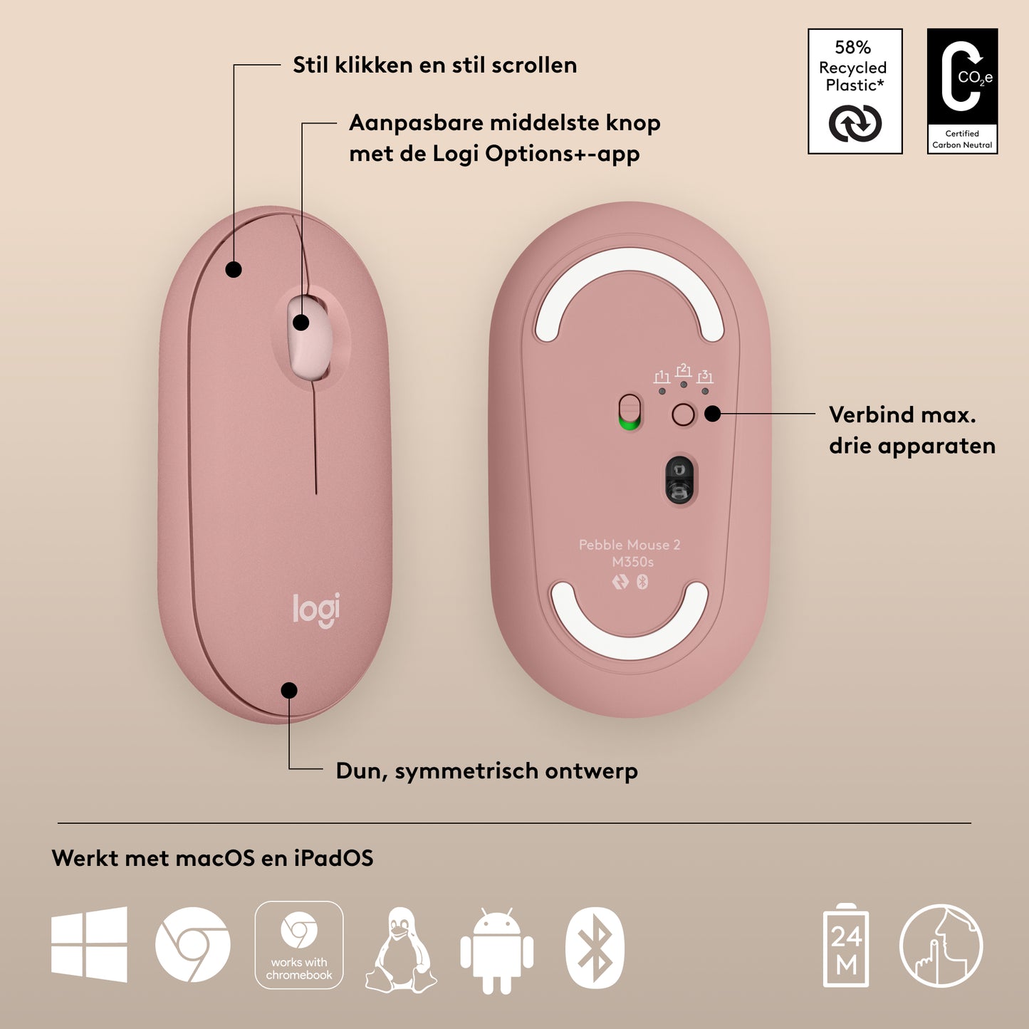 Logitech Pebble Mouse 2 M350s dunne draadloze Bluetooth-muis, Rose, draagbaar, licht, aanpasbare knop, stil klikken, Easy-Switch, Windows/ma