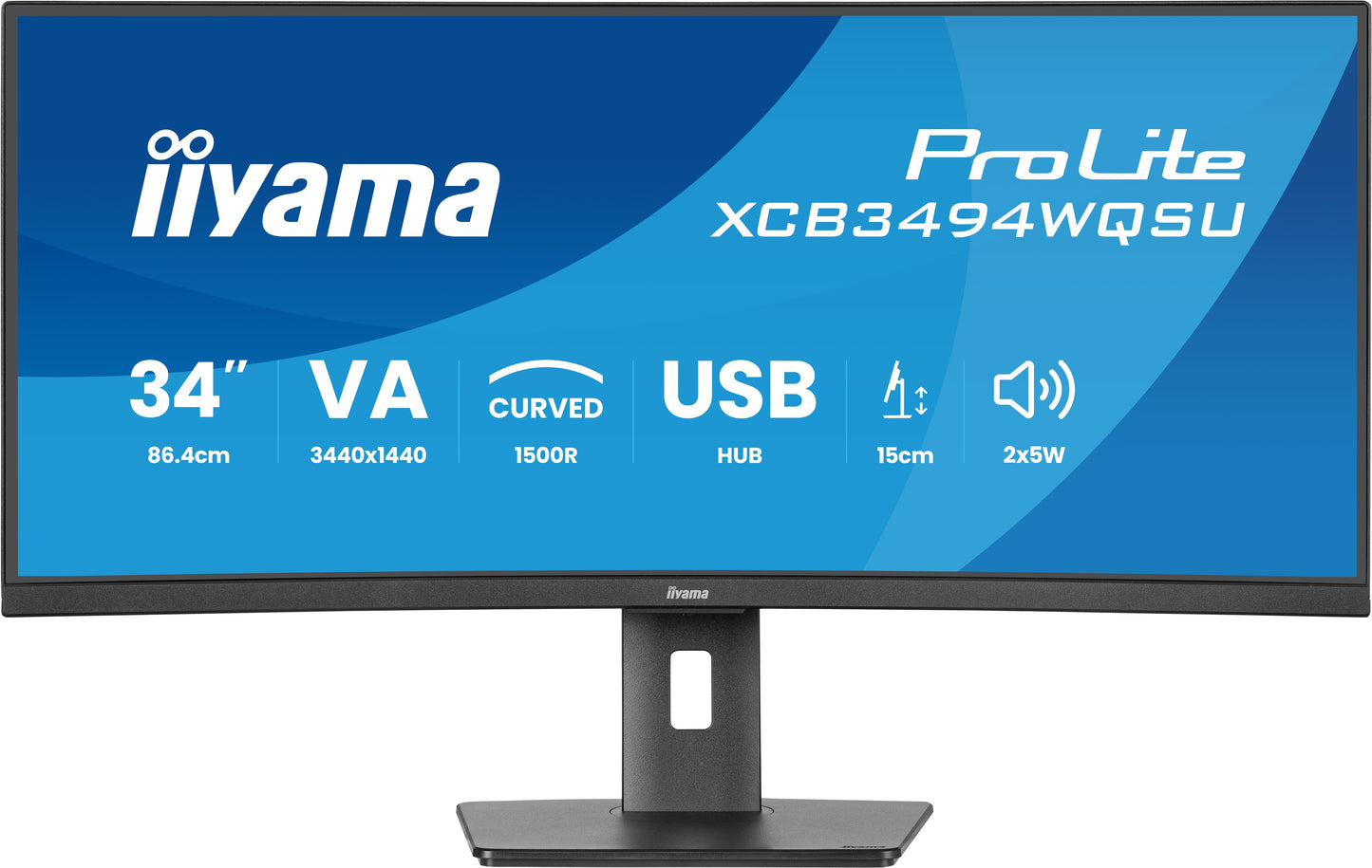 IIYAMA 34WIDE LCD, 3440 x 1440, UWQHD Curved VA panel, LED Bl., USB-Hub (2xOut v3.2 + 2xUSB-C(7,5 Watt)), FreeSync  Premium, Height Adjust.