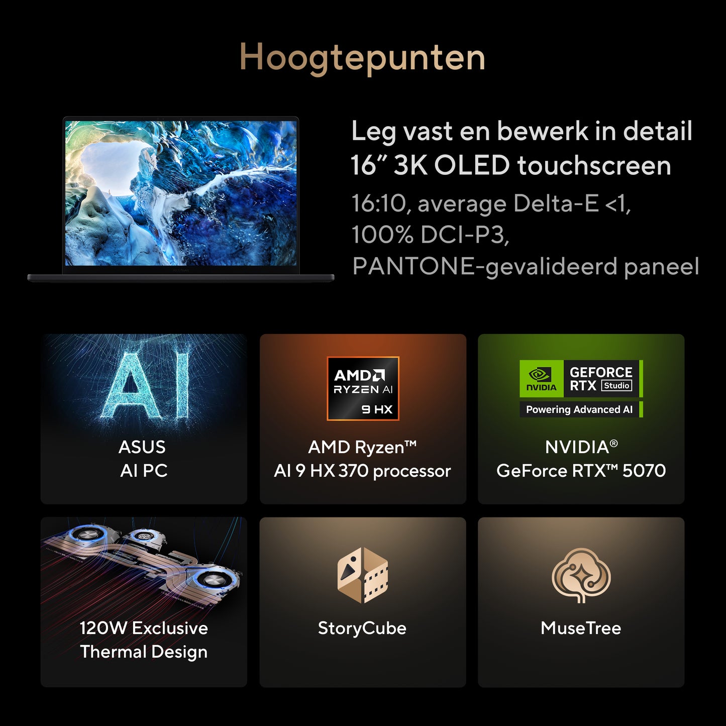ProArt P16H7606WP-RJ129X-BE, 16.0 120Hz 3K OLED Touch, AMD Ryzen AI 9 HX 370, 32GB LPDDR5X, 1TB M.2 NVMe PCIe 4.0 SSD, GeForce RTX 5070, W1