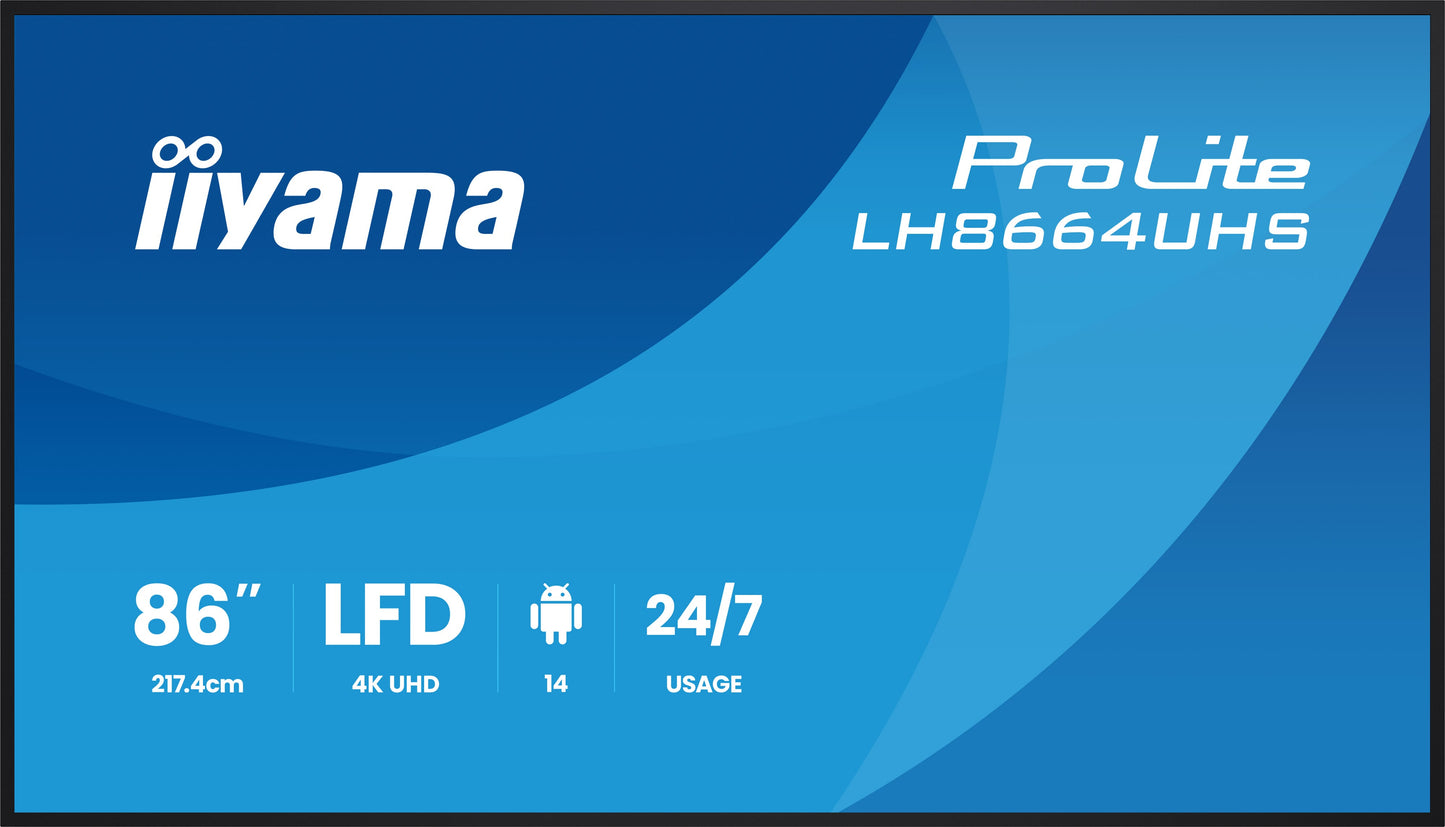 IIYAMA LH8664UHS-B3AG 86inch 3840x2160 UHD IPS panel Haze 25perc 500cd/m Landscape and Portrait Speakers 2x 10W 2x HDMI 1x USB-C DP
