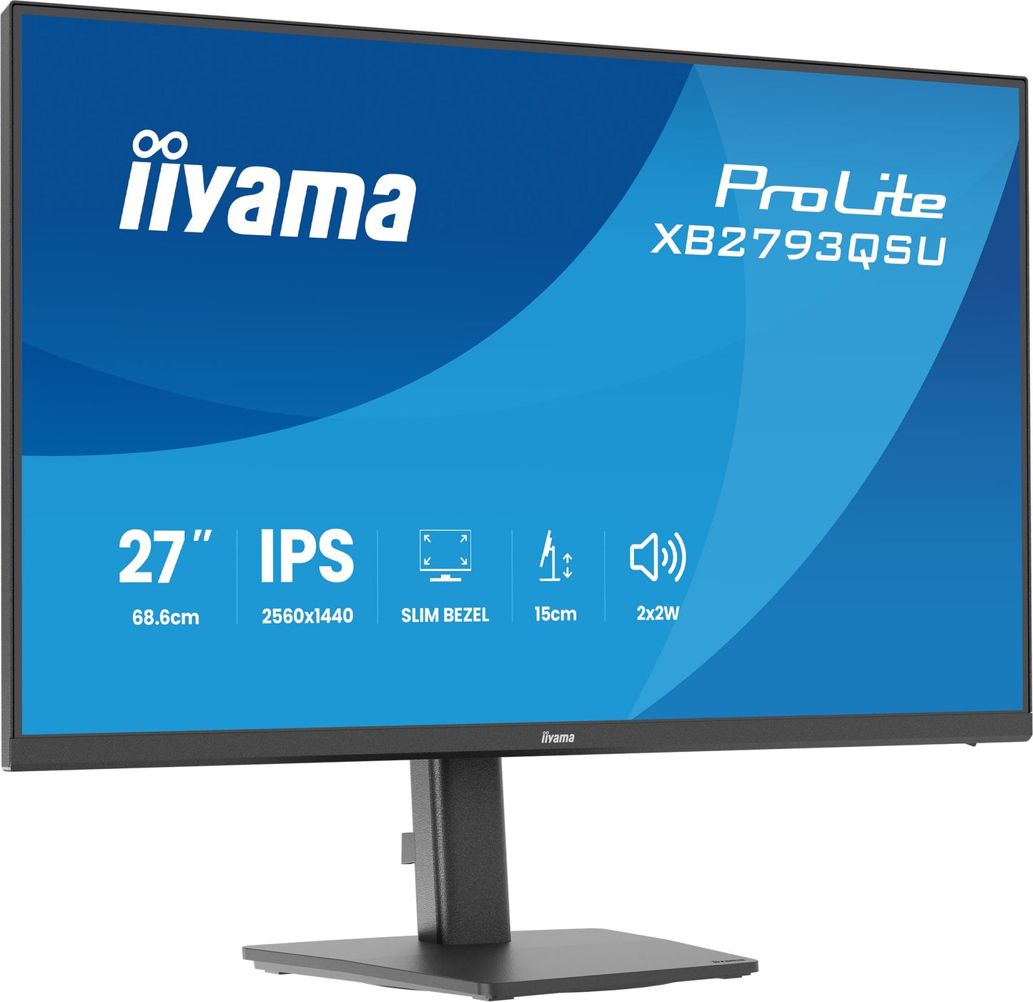 Iiyama 27 IPS 4-side slim bezel, 2560x1440 QHD, 1ms (MPRT), 15cm Height Adj. Stand, 350cd/m², HDMI, DisplayPort, Speakers, USB HUB 2x2.0