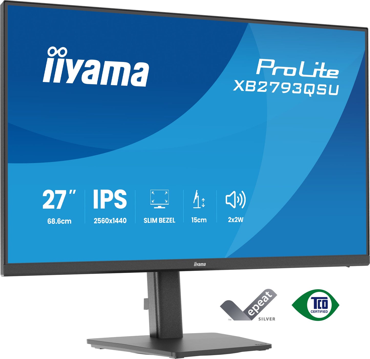 Iiyama 27 IPS 4-side slim bezel, 2560x1440 QHD, 1ms (MPRT), 15cm Height Adj. Stand, 350cd/m², HDMI, DisplayPort, Speakers, USB HUB 2x2.0