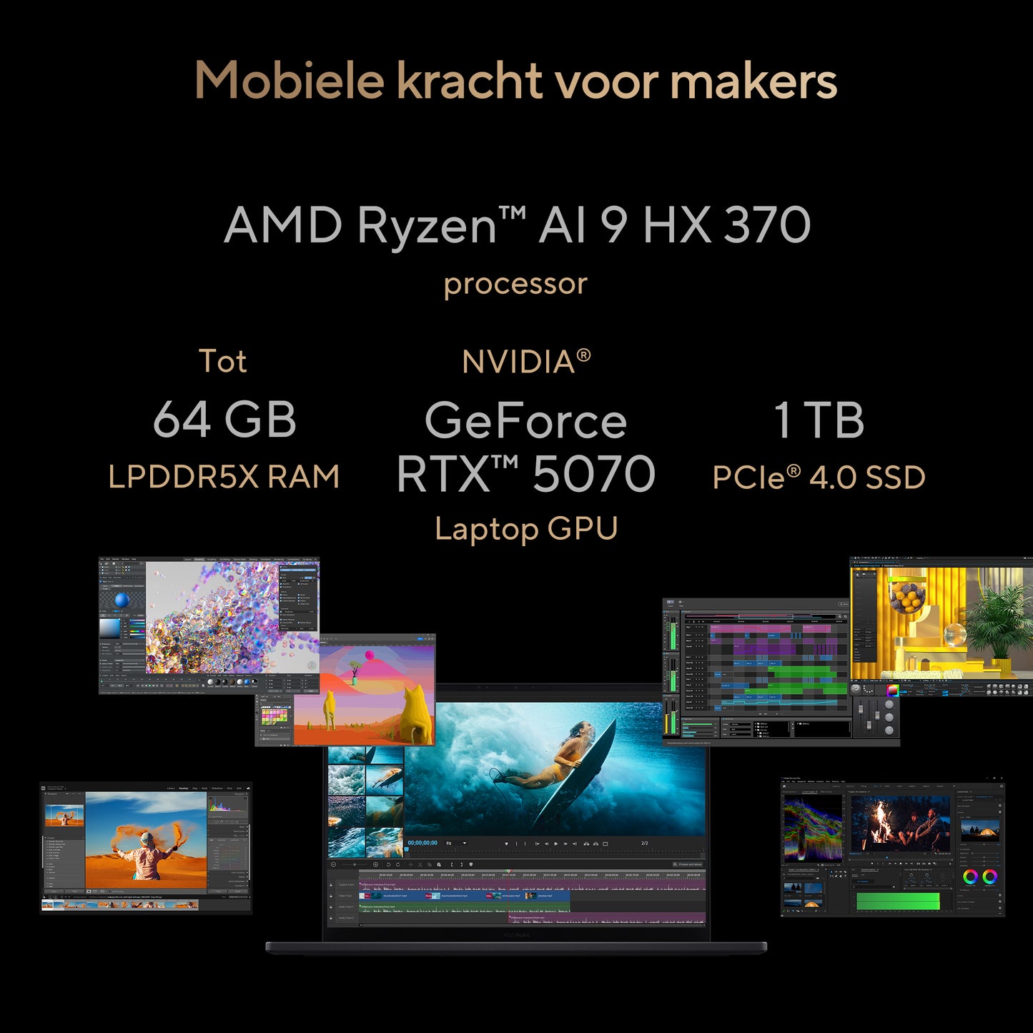 ProArt P16H7606WP-RJ075X-BE, 16.0 120Hz 3K OLED Touch, AMD Ryzen AI 9 HX 370, 64GB LPDDR5X, 1TB M.2 NVMe PCIe 4.0 SSD, GeForce RTX 5070, W1