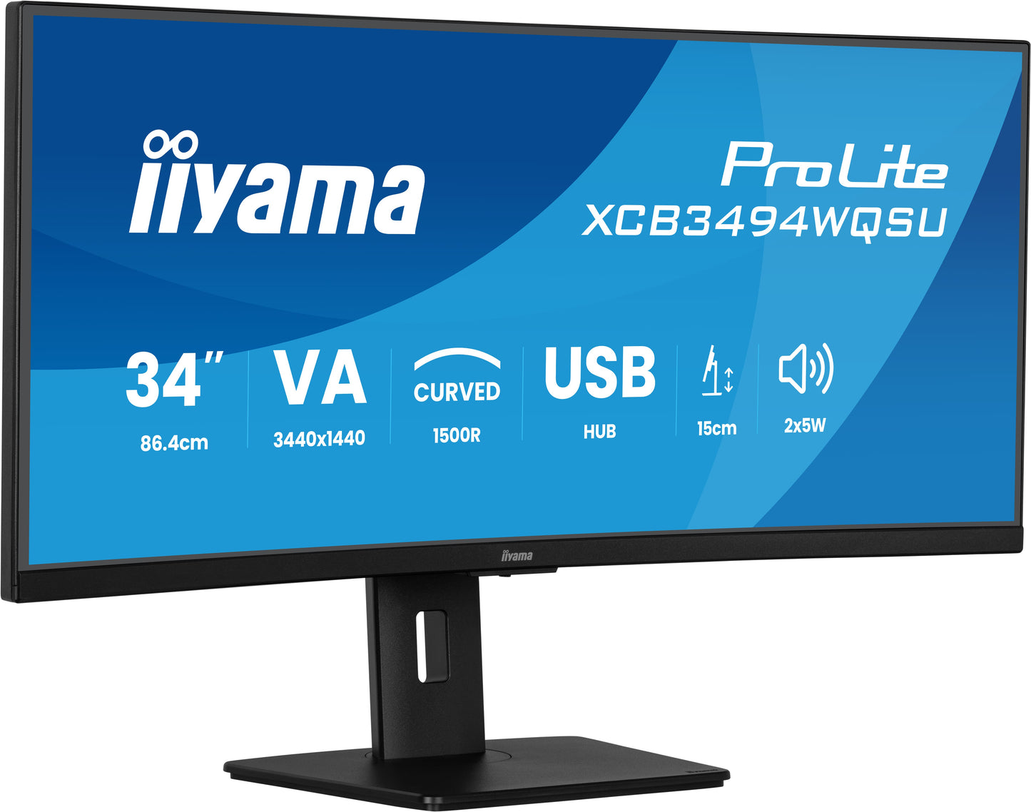 IIYAMA 34WIDE LCD, 3440 x 1440, UWQHD Curved VA panel, LED Bl., USB-Hub (2xOut v3.2 + 2xUSB-C(7,5 Watt)), FreeSync  Premium, Height Adjust.