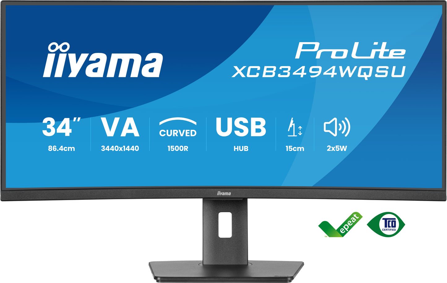 IIYAMA 34WIDE LCD, 3440 x 1440, UWQHD Curved VA panel, LED Bl., USB-Hub (2xOut v3.2 + 2xUSB-C(7,5 Watt)), FreeSync  Premium, Height Adjust.