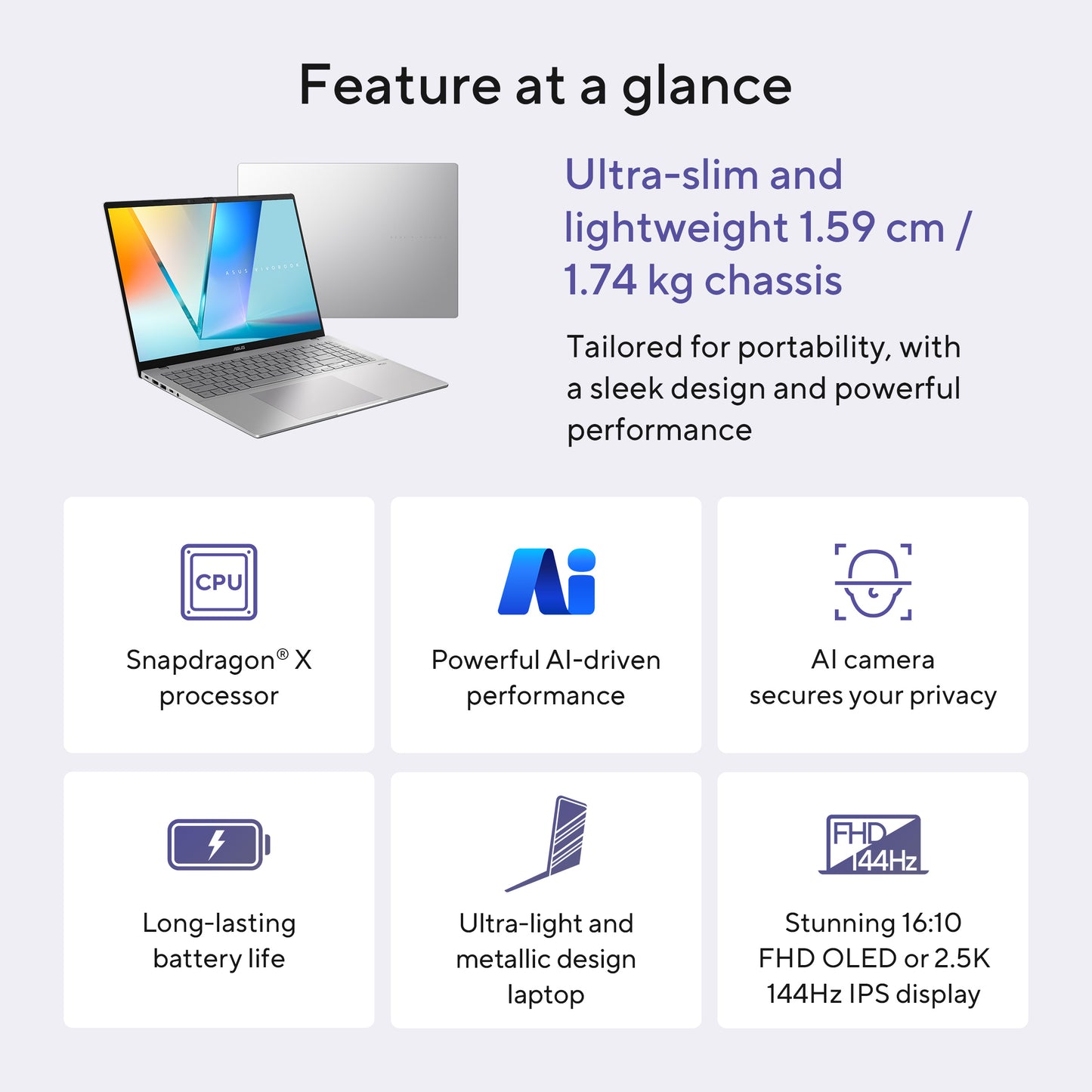 ASUS Vivobook S 16S3607QA-PL003W-BE, 16.0 WUXGA 144Hz IPS, Qualcomm Snapdragon X1-26-100, 16GB LPDDR5X, 512GB M.2 NVMe PCIe 4.0 SSD, Qualco