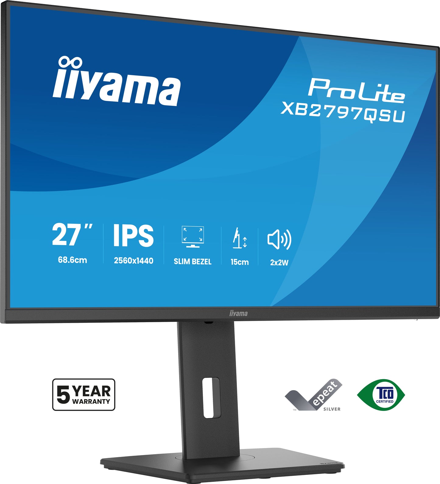 IIYAMA XB2797QSU-B1 27inch IPS QHD 4-side slim bezel EyeComfort 350cd/m2 4ms Speakers 2x HDMI DP 2xUSB 3.2 2xUSB Type-C 15cm Adj.