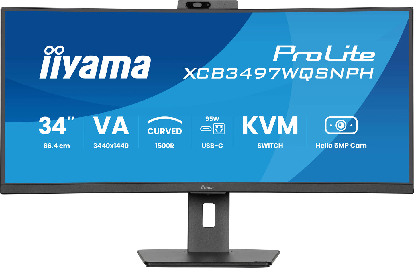 IIYAMA 34WIDE LCD, 3440 x 1440, UWQHD Curved VA panel, Built-in 5 MP Windows Hello Webcam & Microphone, USB-Hub (2xOut v3.2 + 2xUSB-C(7,5 W