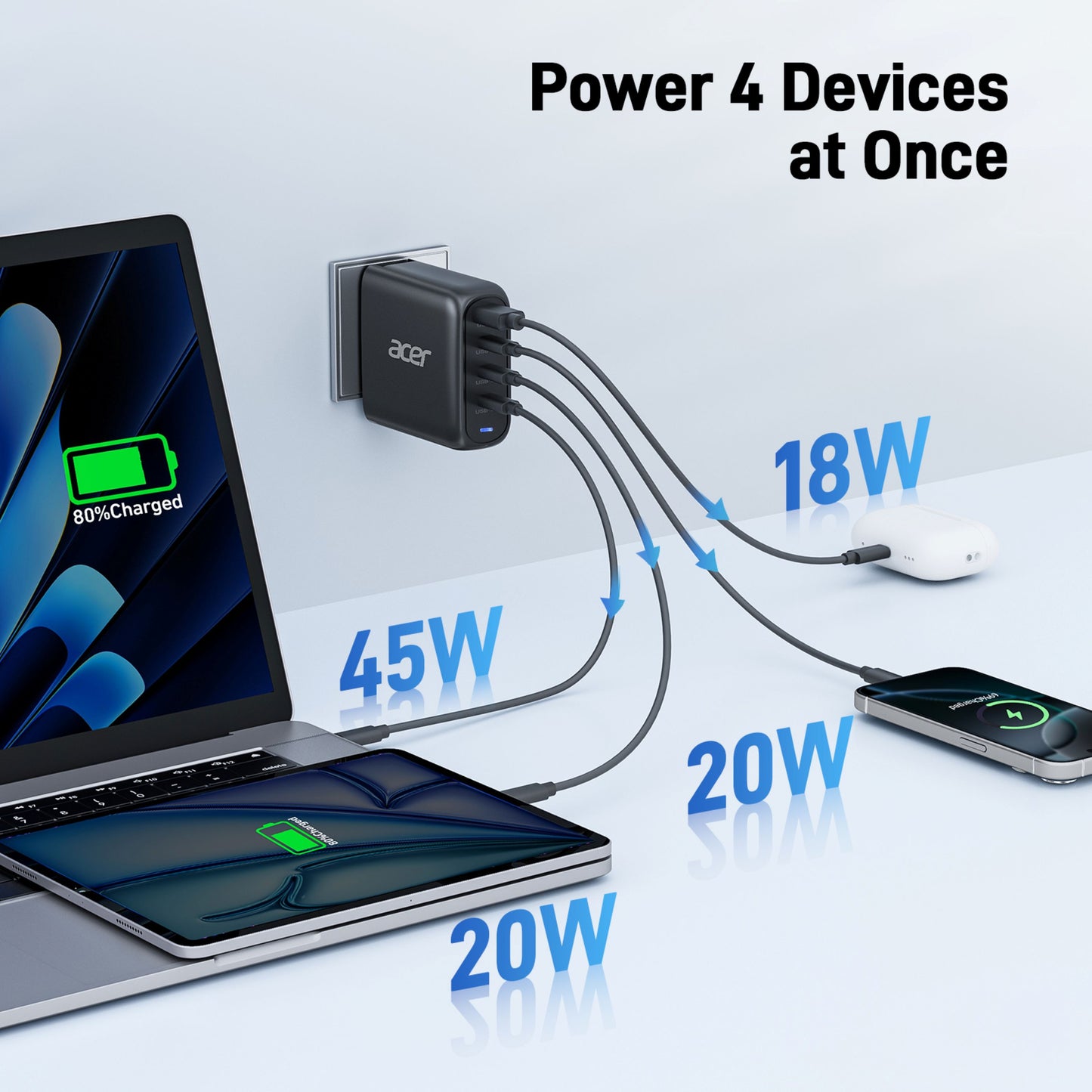 Acer 100W PD Charger, USB Port: 3C+1A, EU Plug, 100W USB-C Cable, Black (Retail Pack)