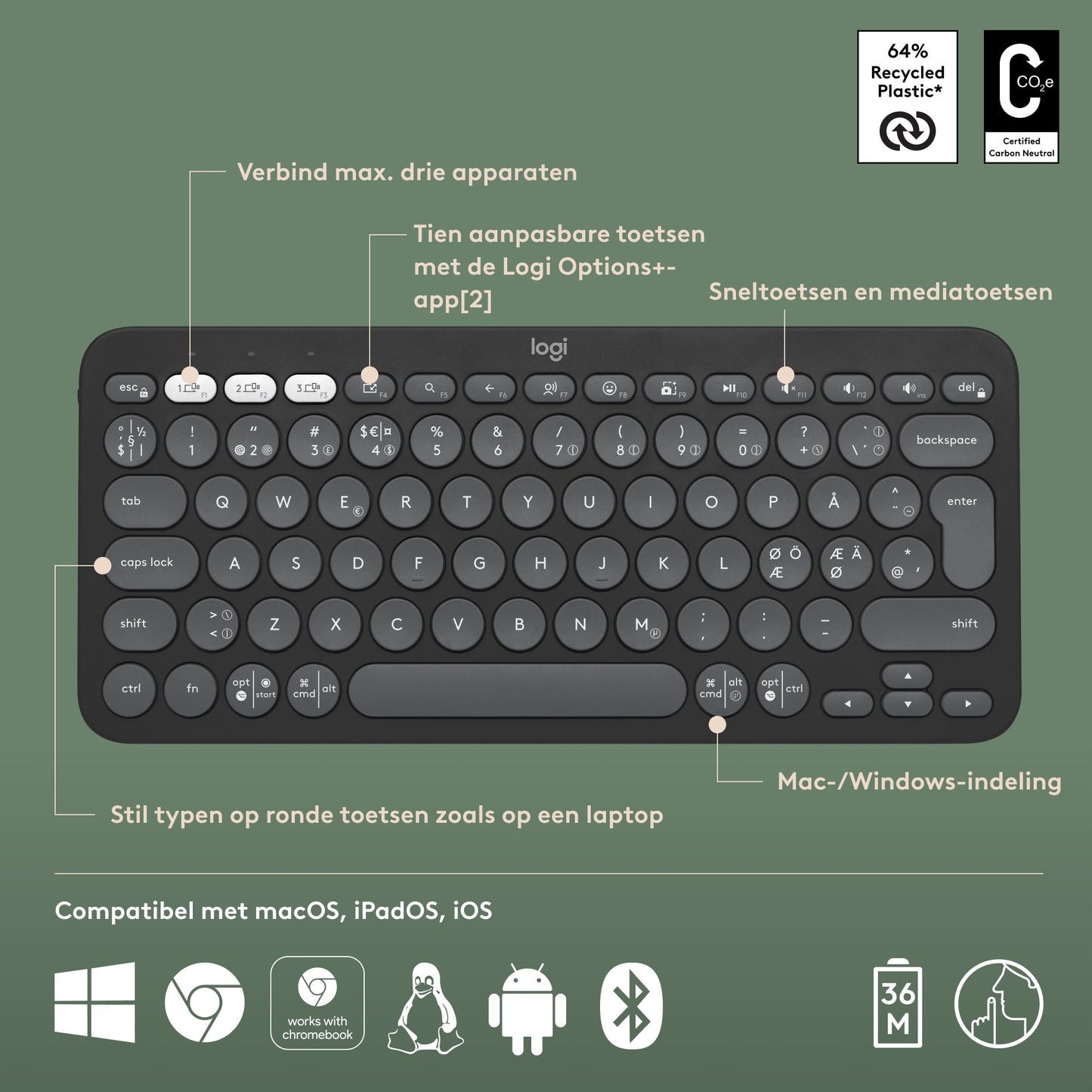 Logitech Pebble Keys 2 K380s Wireless Keyboard - USB Interface - French - AZERTY Layout - Graphite
