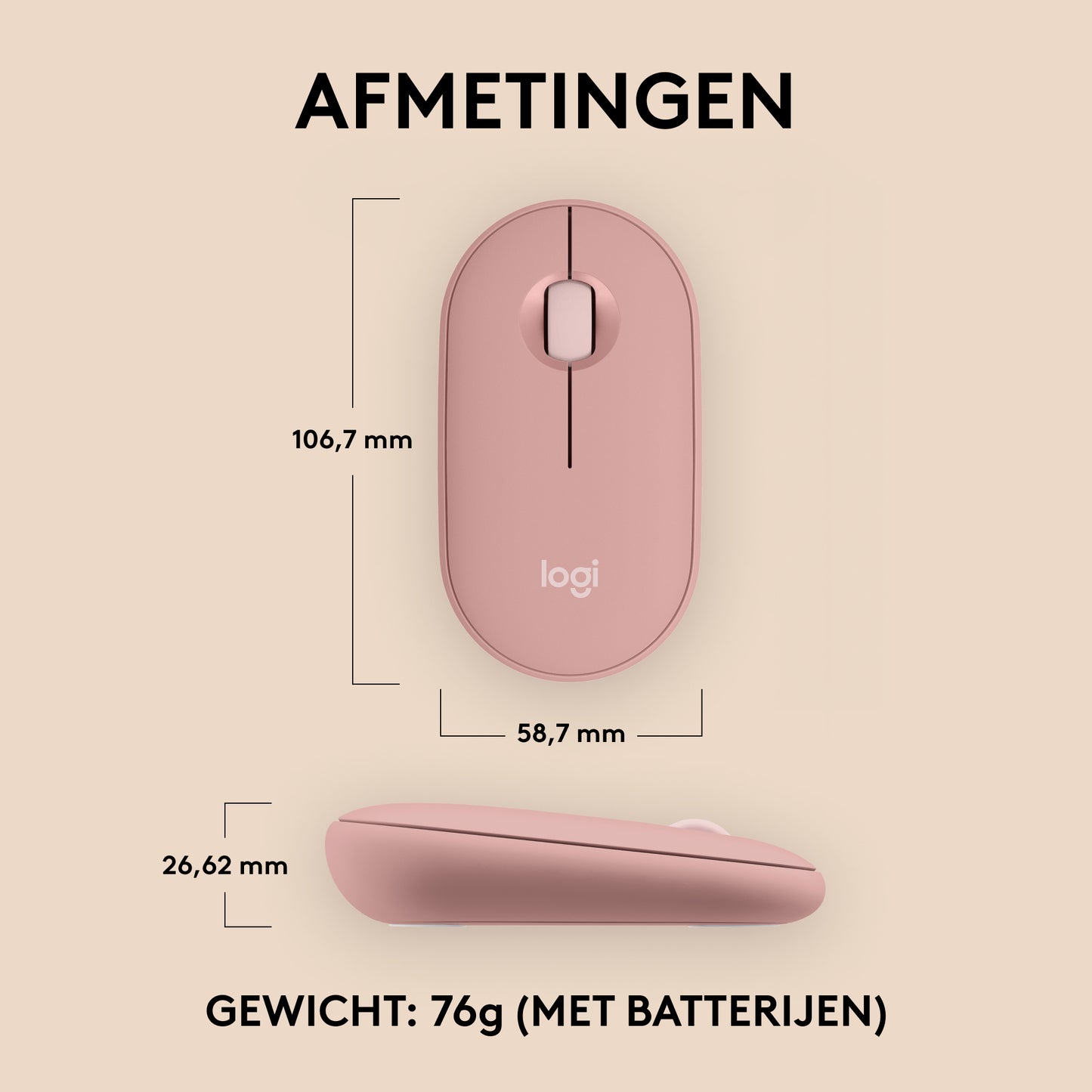 Logitech Pebble Mouse 2 M350s dunne draadloze Bluetooth-muis, Rose, draagbaar, licht, aanpasbare knop, stil klikken, Easy-Switch, Windows/ma