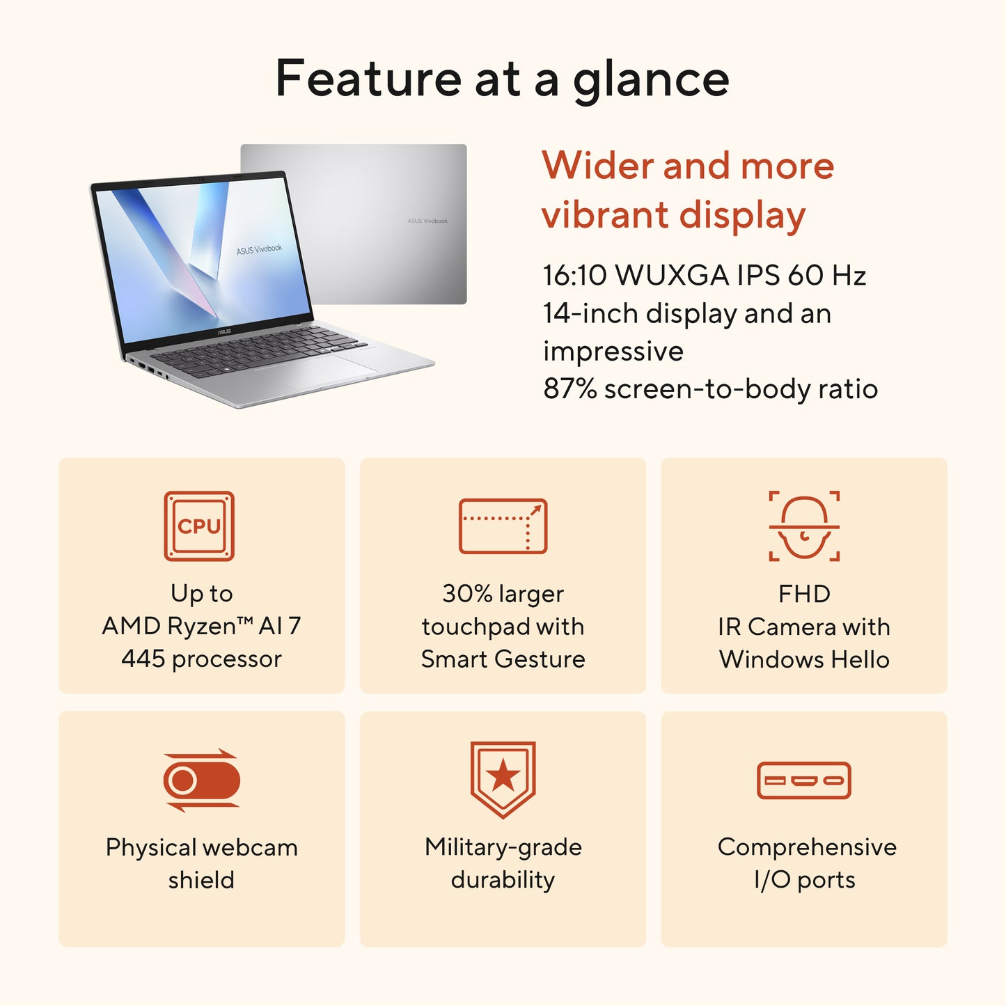 Asus Vivobook 14 M1407GA-LY012W-BE, 14WUXGA 300 nits, AMD Ryzen AI 7 445, 16GB DDR5, 512GB PCIe, AMD Radeon Graphics, W11H