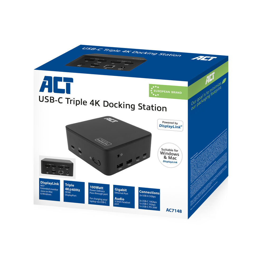 ACT Universeel USB-C Dockingstation 4K, voor 3 HDMI/DisplayP