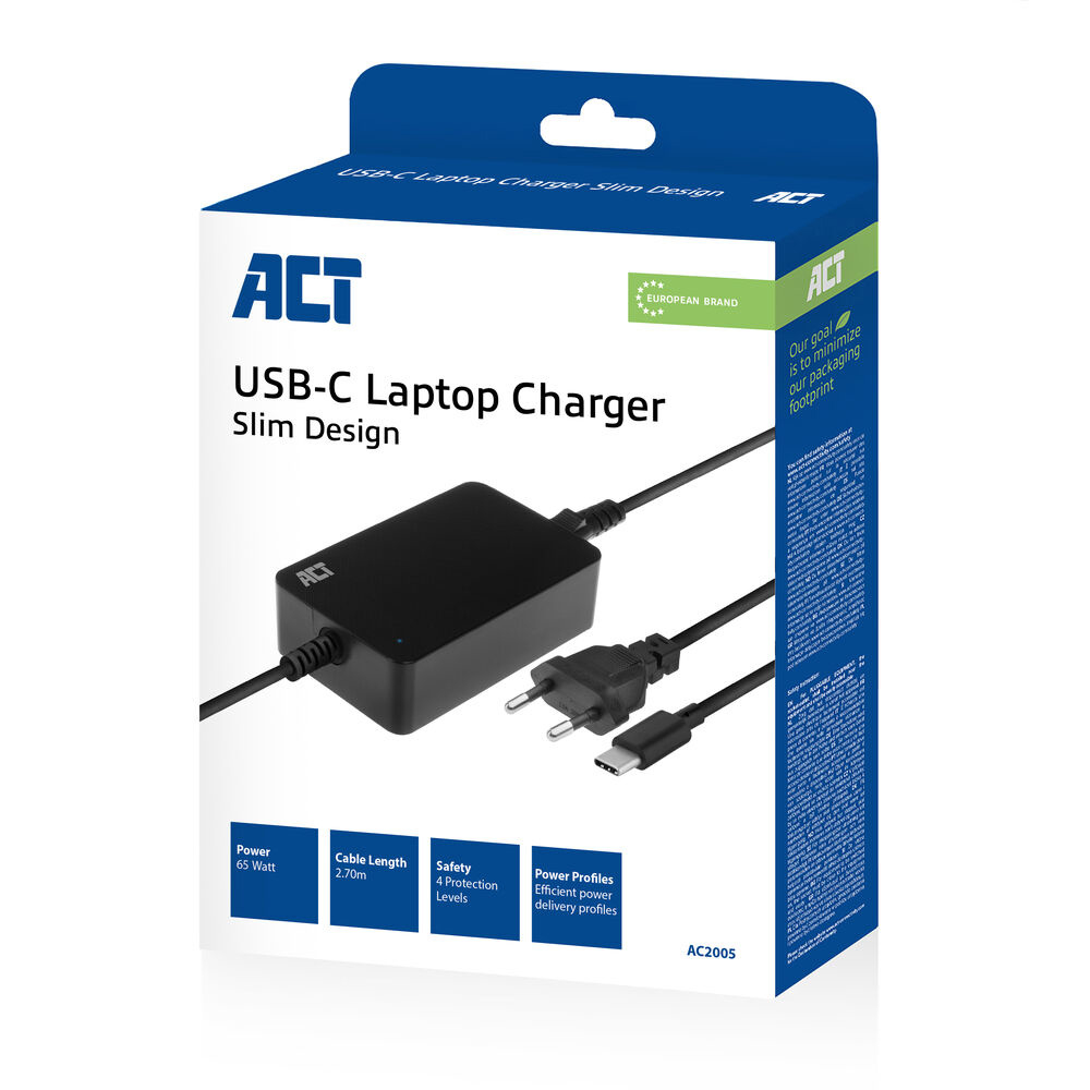 ACT USB-C laptop charger with Power Delivery profiles 65W