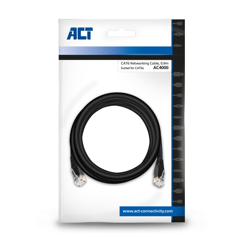ACT Zwart 0,9 meter U/UTP CAT6 patchkabel met RJ45 connector