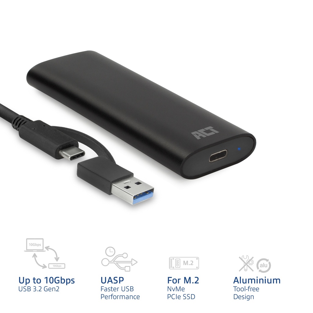 ACT USB-C M.2 NVMe / PCIe SSD Enclosure, tool-free